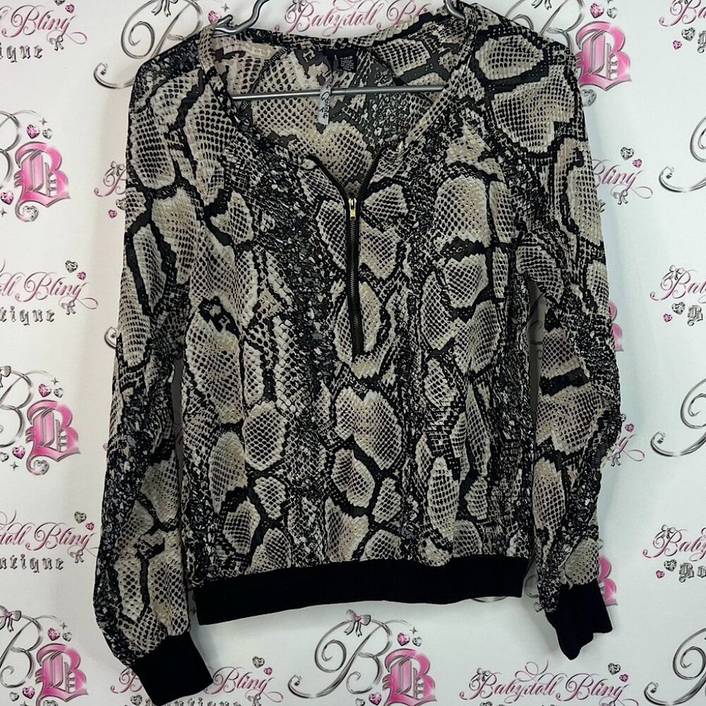 La classe couture zip up sheer Snakeskin Print Women's Sweater shirt